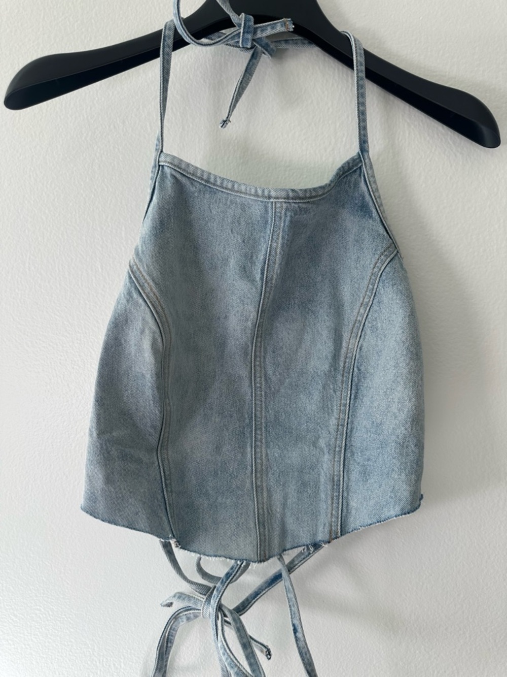 Victoria Secret PINK Denim Halter Top Lace Up Back Crop Blue Jean Size S - Picture 2 of 5